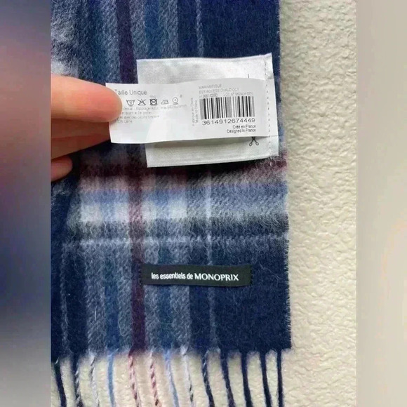 MONOPRIX Unisex One Size 100% Wool Fringe Scarf Blue Plaid Minimalist Essentials - Picture 6 of 13